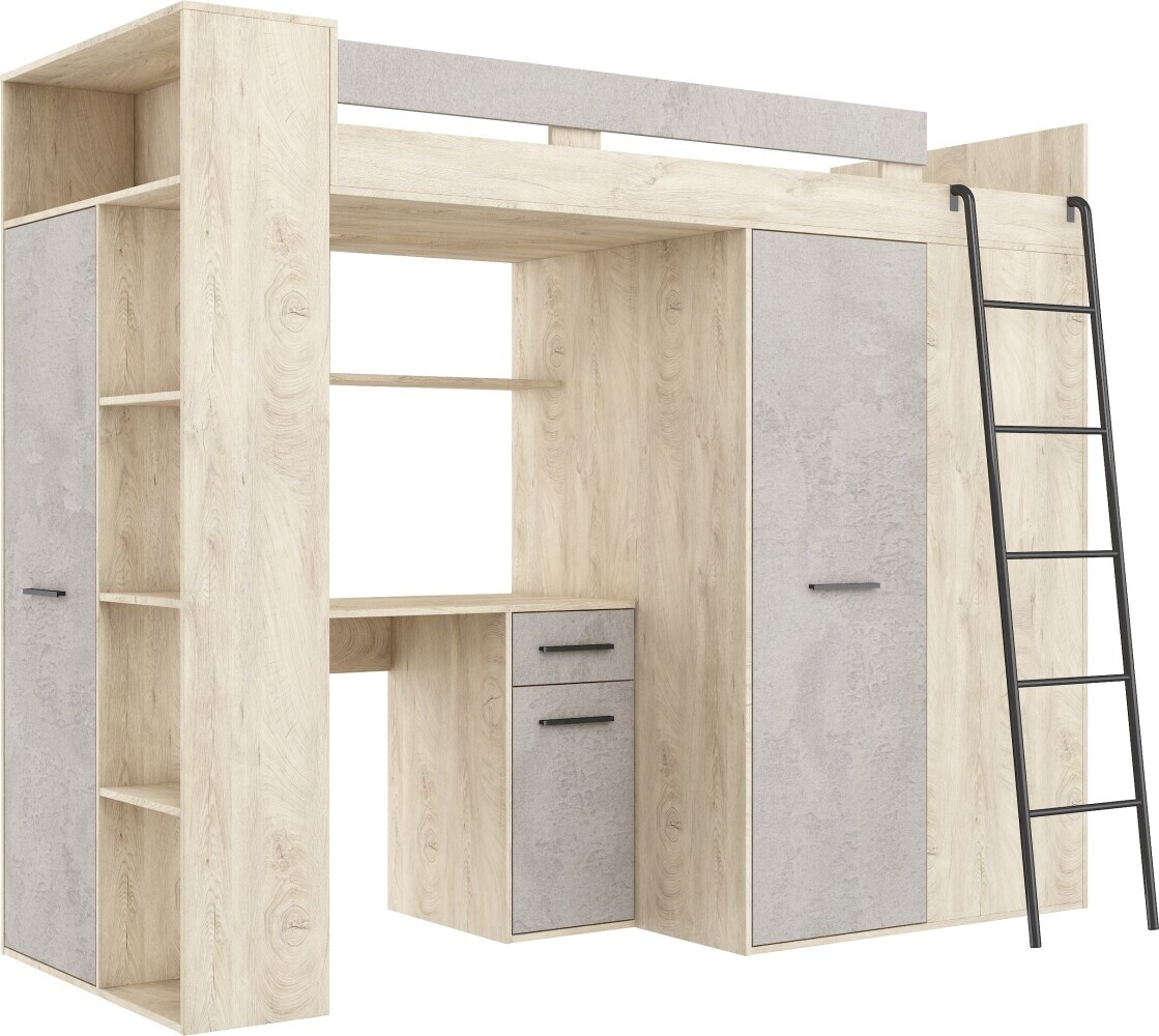 Multifunkční patrová postel DIRARO, pravá, dub endgrain/beton šedý, 5 let záruka
