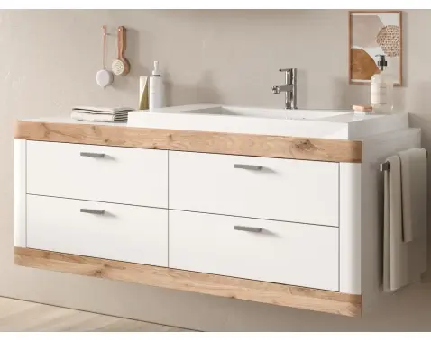 Závěsná koupelnová skříňka s umyvadlem Laredo, bílá/dub nox