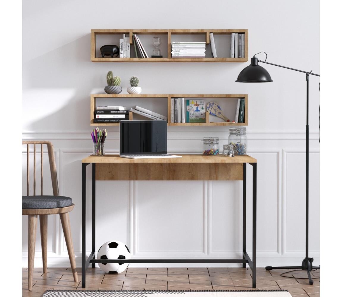 SADA 2x Nástěnná police PENNY 20x100 cm + pracovní stůl 74x100 cm hnědá/černá 393MRD1217