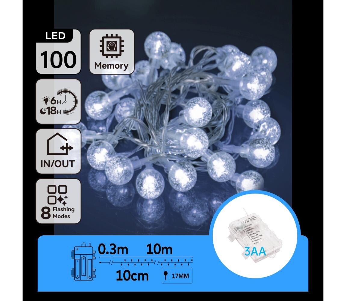B.V.  - LED Venkovní řetěz 100xLED/3xAA/8 funkcí 10,3 m IP44 studená bílá B10303K4T
