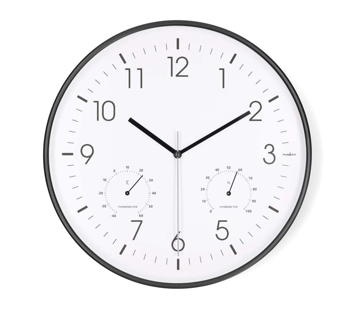 CLWA4226BK - Nástěnné hodiny s teploměrem a vlhkom. pr. 30,5 cm 1xAA černá CLWA4226BK