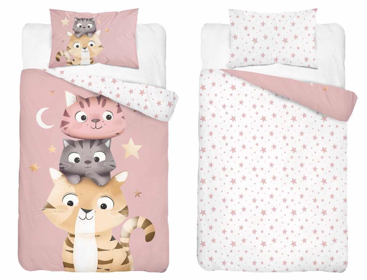 Detexpol Povlečení do postýlky 100x135 + 40x60 cm - Kočičí hvězdy růžové