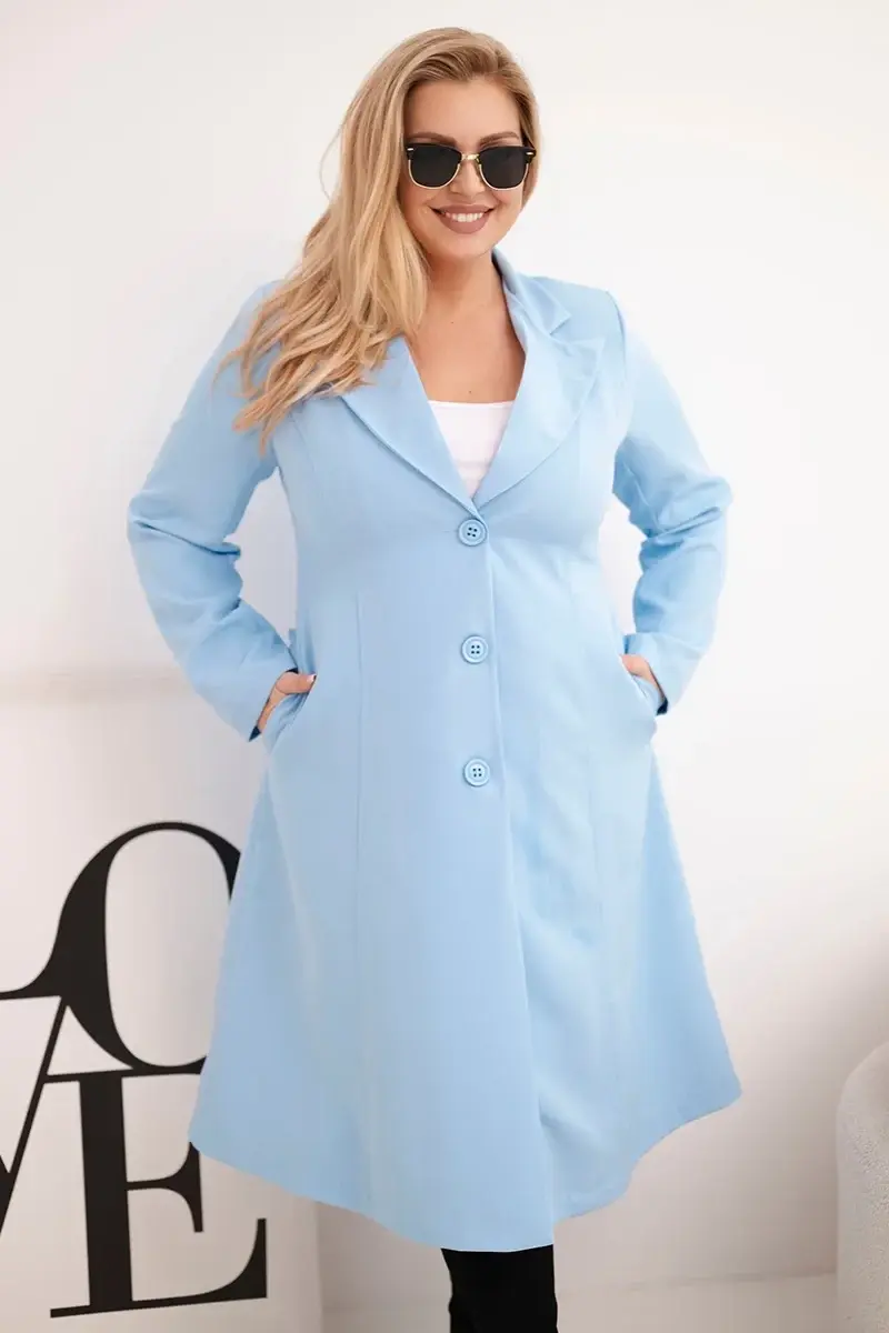 Dámský Plus Size kabát s knoflíčky a límcem modrý