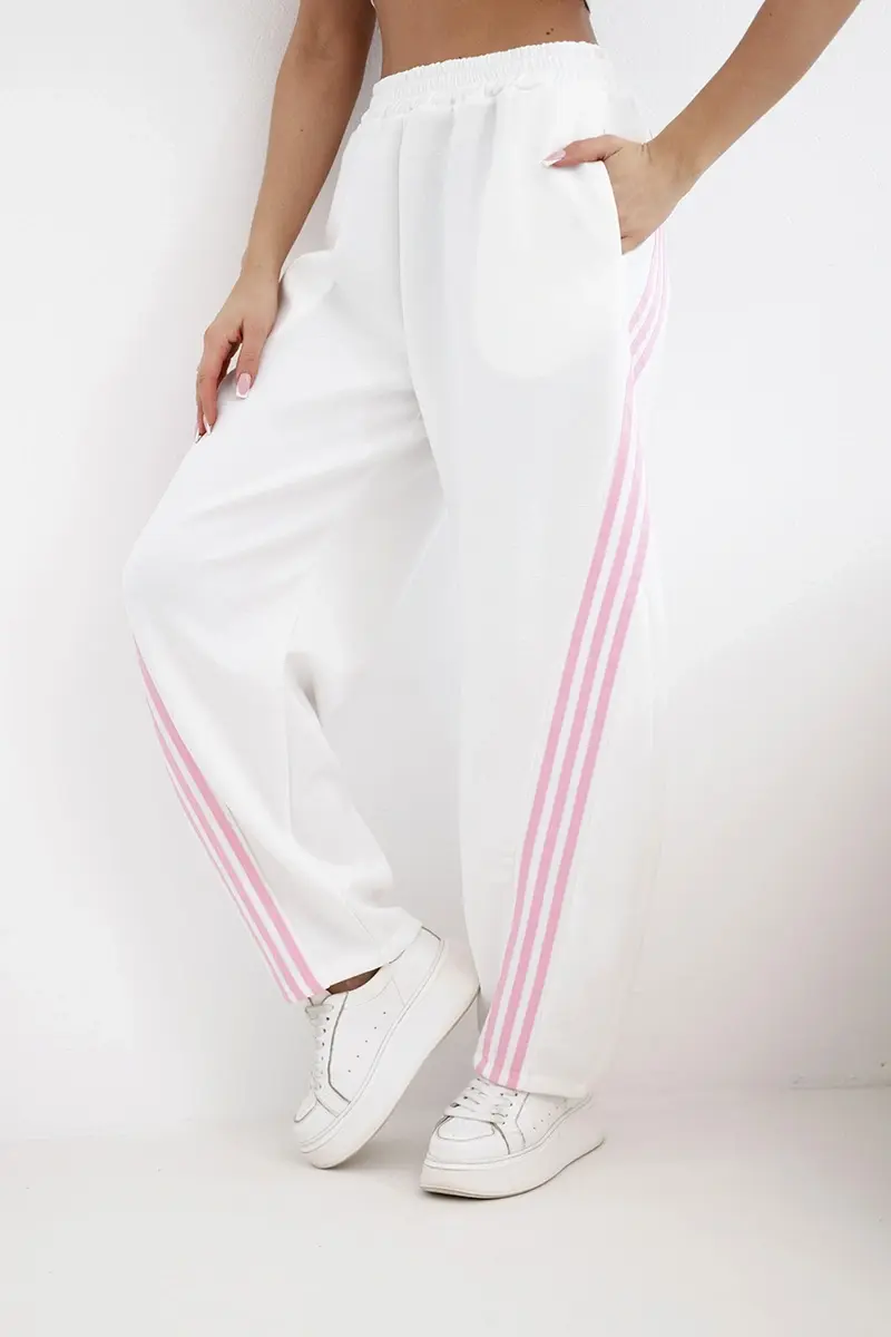 Kesi dámské viskózové kalhoty s bočním pruhem bílé