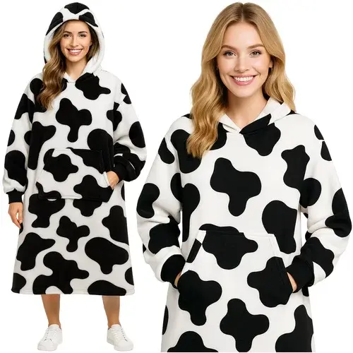 Oversize teplá dlouhá mikina – černobílý cow design