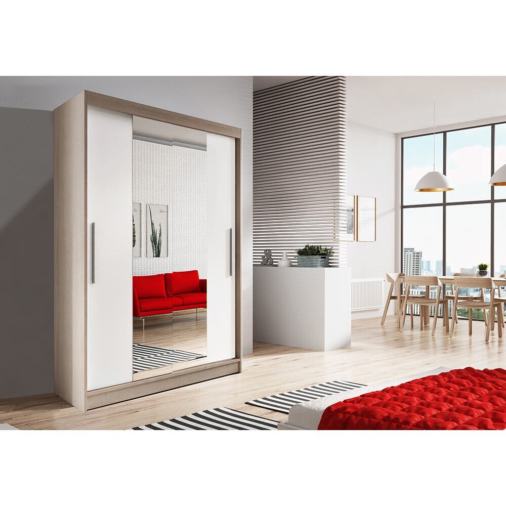 Šatní skříň  Neomi 01 Barva korpusu: Dub - sonoma, Rozměry: 120 cm, Dveře: Bílá mat / zrcadlo