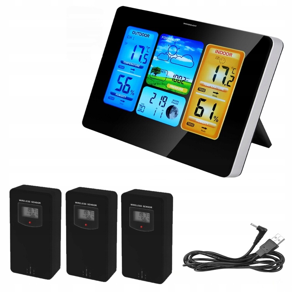 Bezdrátová meteorologická stanice Meteo Teploměr Vlhkoměr Hodiny 3*Senzor 60 m