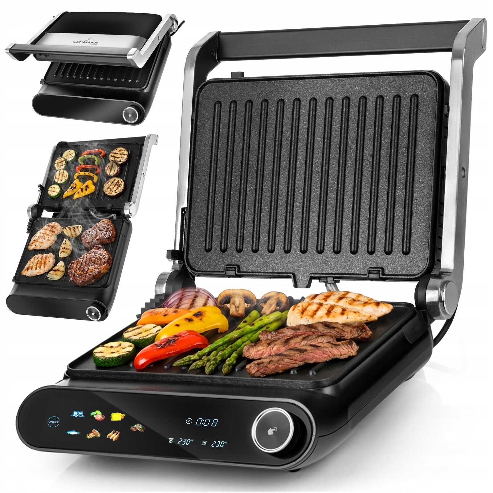 Elektrický gril Sendvičovač na panini toastů 2200 W Programátor času a teploty