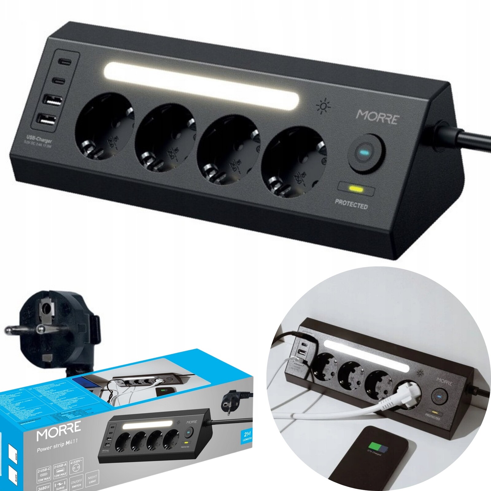 Tiross Morre Zásuvková Lišta Rohová 4G 2xUSB 2xUSB K. Černá