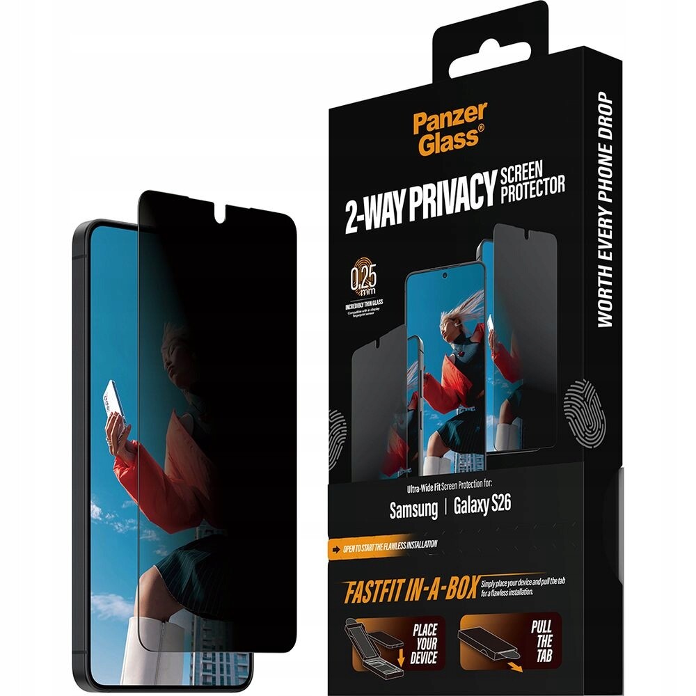 Sklo s privátním filtrem pro Galaxy S26, PanzerGlass tvrzené sklo aplikátor