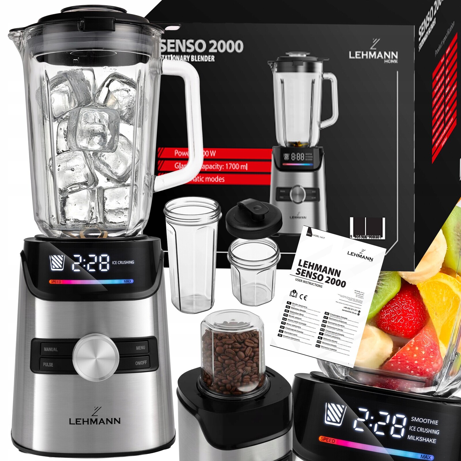 Automatický stolní mixér Skleněný 2000 W 1,7 l Mlýnek Inox 2x Bidony