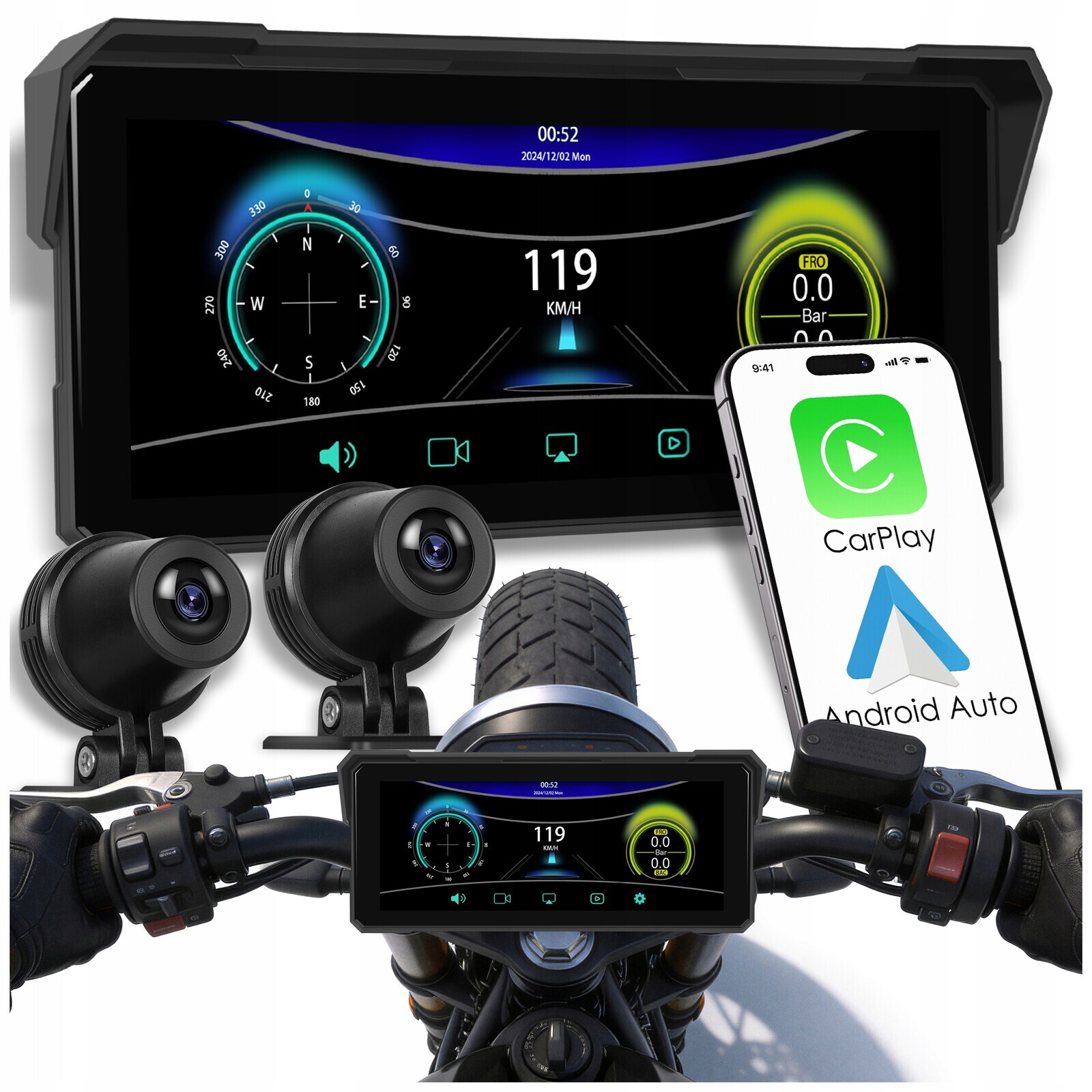 Motocyklová Stanice 2 Kamery Dvr Dálkové Ovládání Navigace Carplay Android Auto 8.1