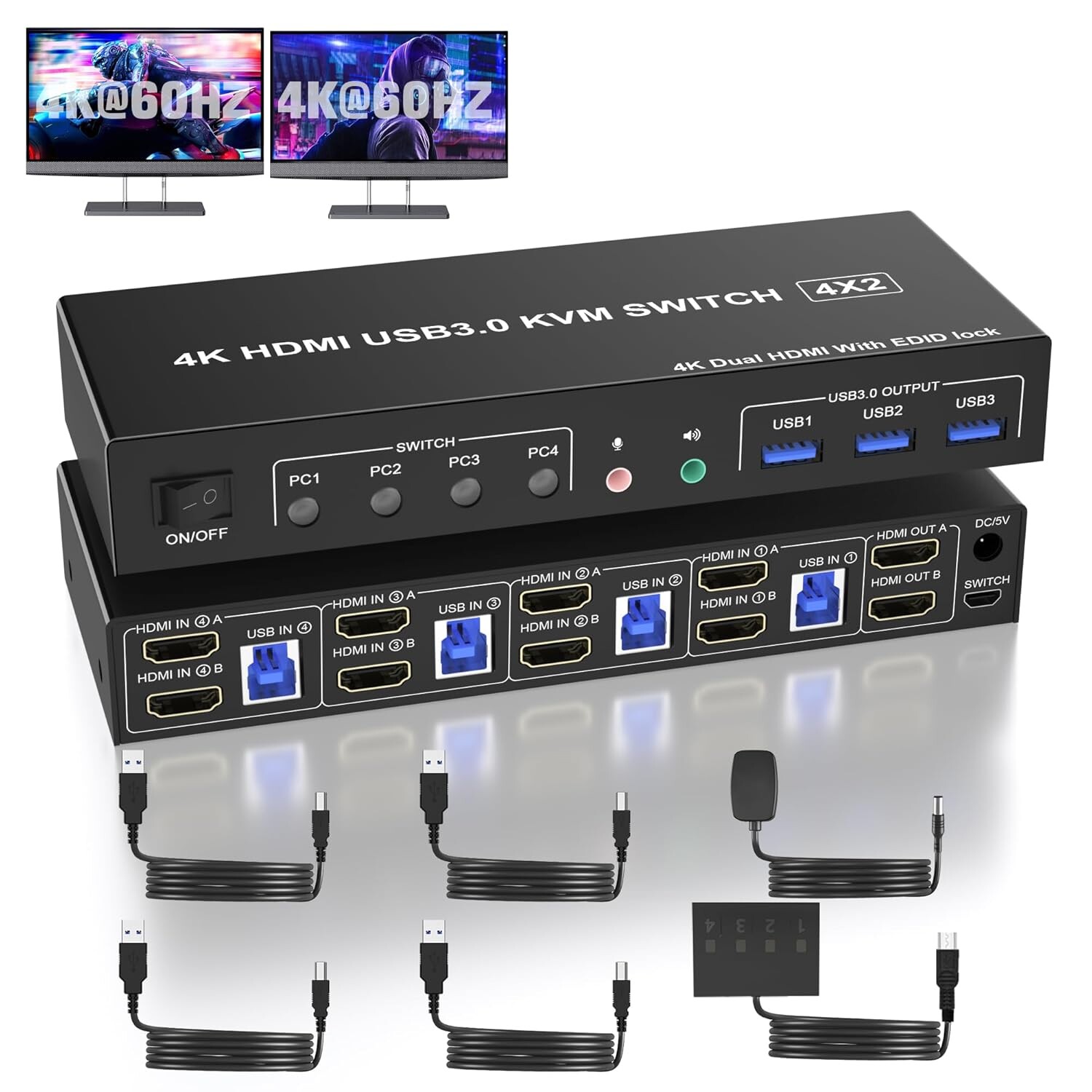 Kvm Hdmi přepínač Usb 3.0 4 Pc 2 monitory 4K 60Hz Edid pro klávesnici