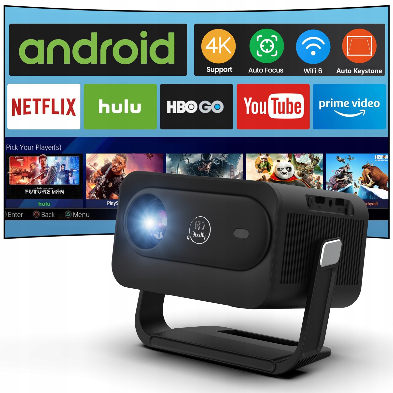 Projektor 20000LM Wifi Android Smart Tv Full Hd 4K Autofocus Heelly