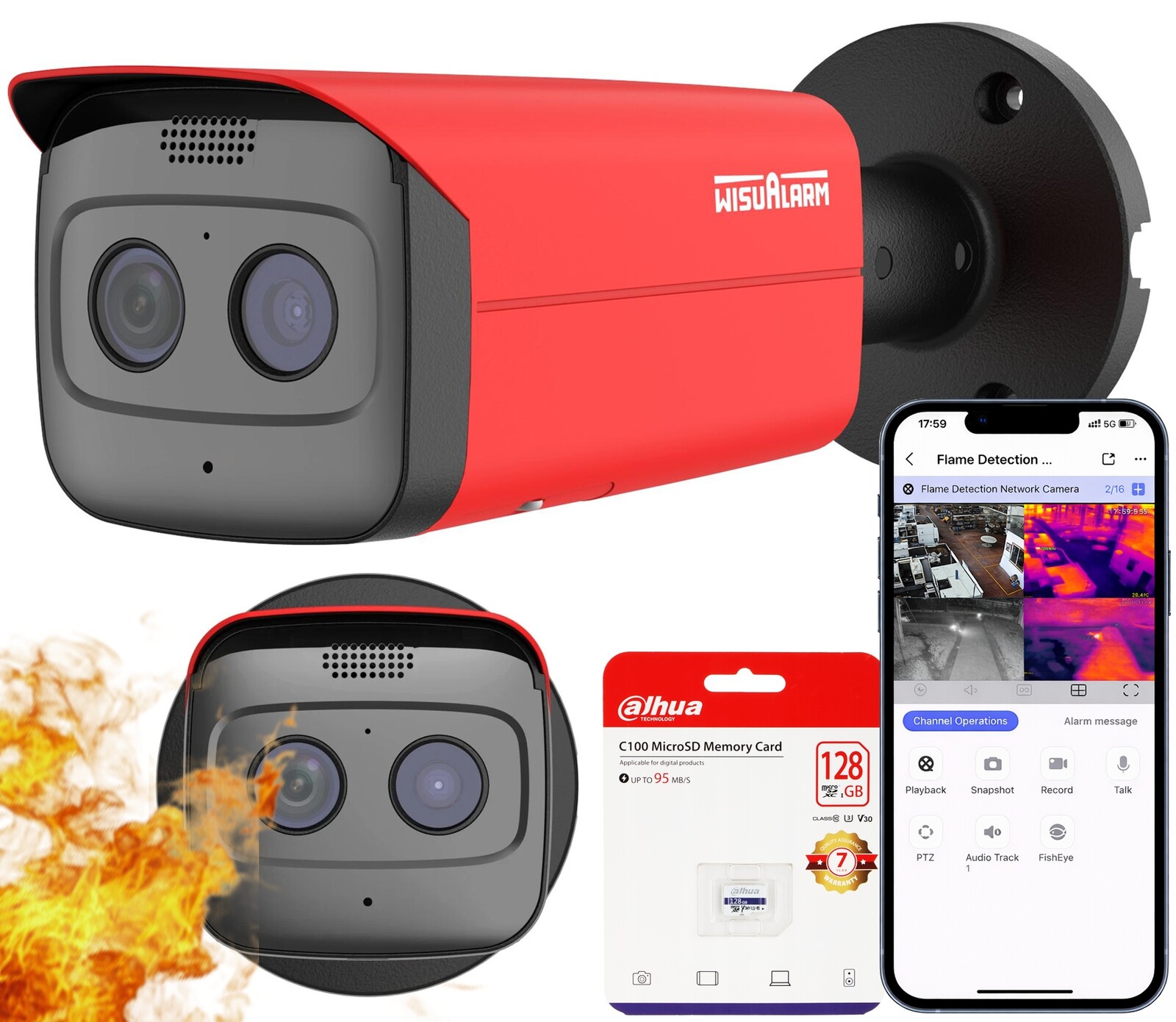 4MP Ip kamera pro detekci požáru HY-FT431LFP-TD1F4 WisuAlarm Karta 128 Gb