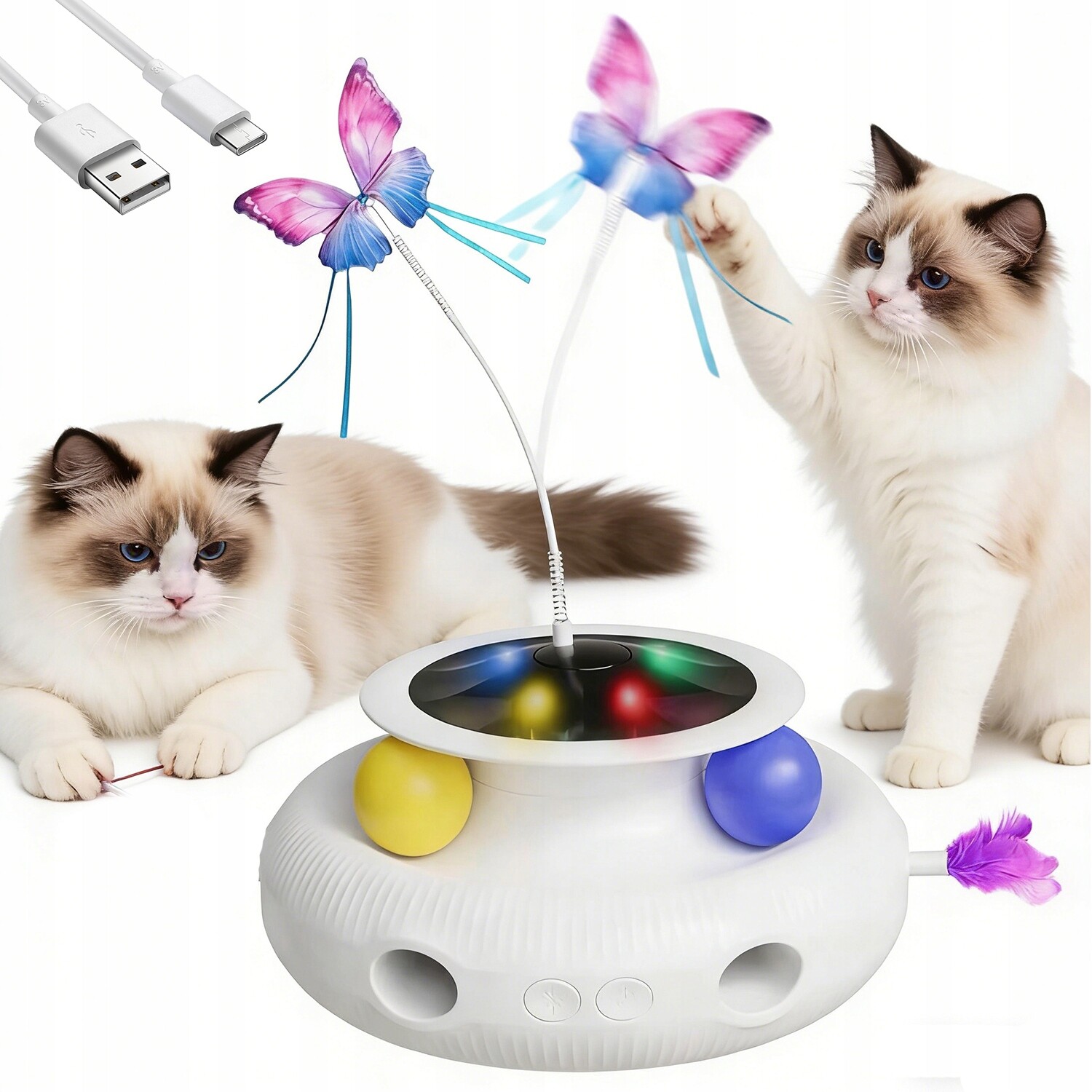 Hračka Pro Kočky Vzdělávací 4V1 Led Motýlek Pióra Míč Reflex Cvičení
