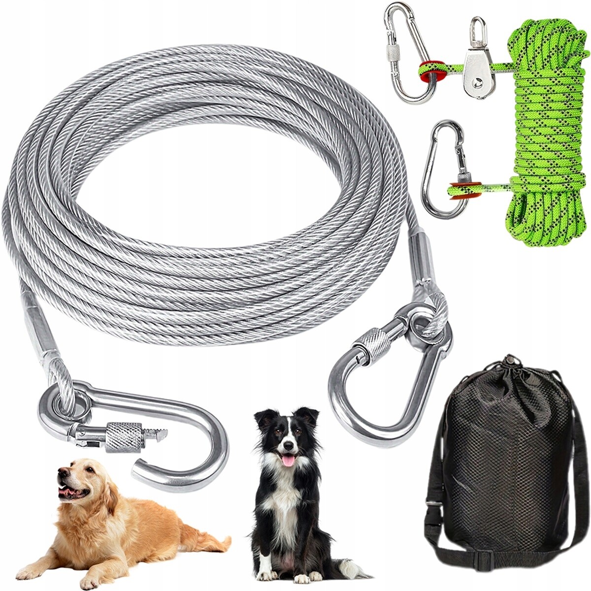Uvěznění pro psa 15.1 m s kabelem 3.1 m reflexní proti zamotání zelená sáčkem