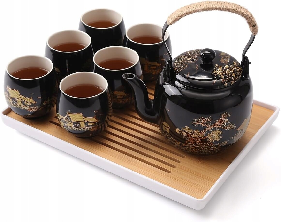 Japonský porcelánový čajový set 6 šálků varná konvice podnos Elegantní