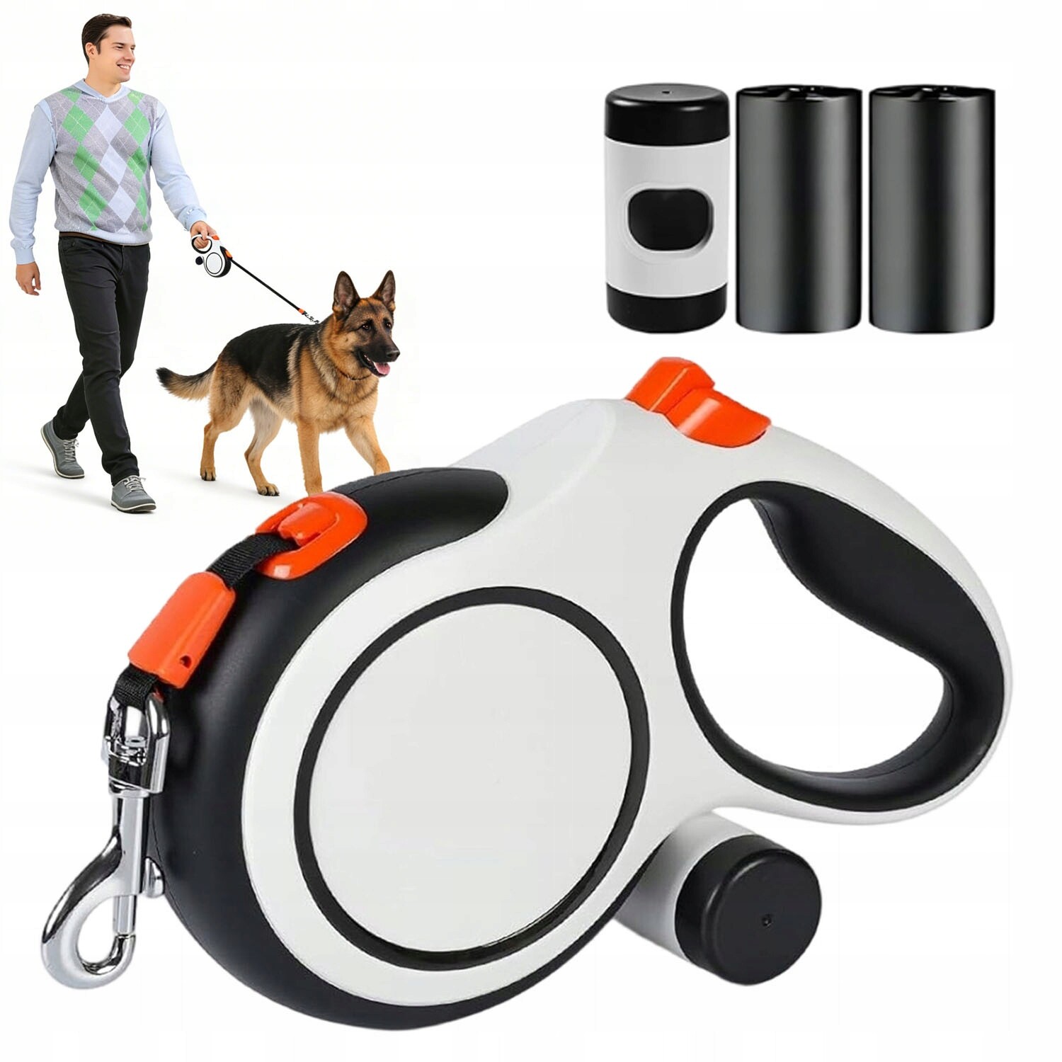 Vodítko pro psa 8 m Automatické s blokovací páskou a sáčky na odpadky
