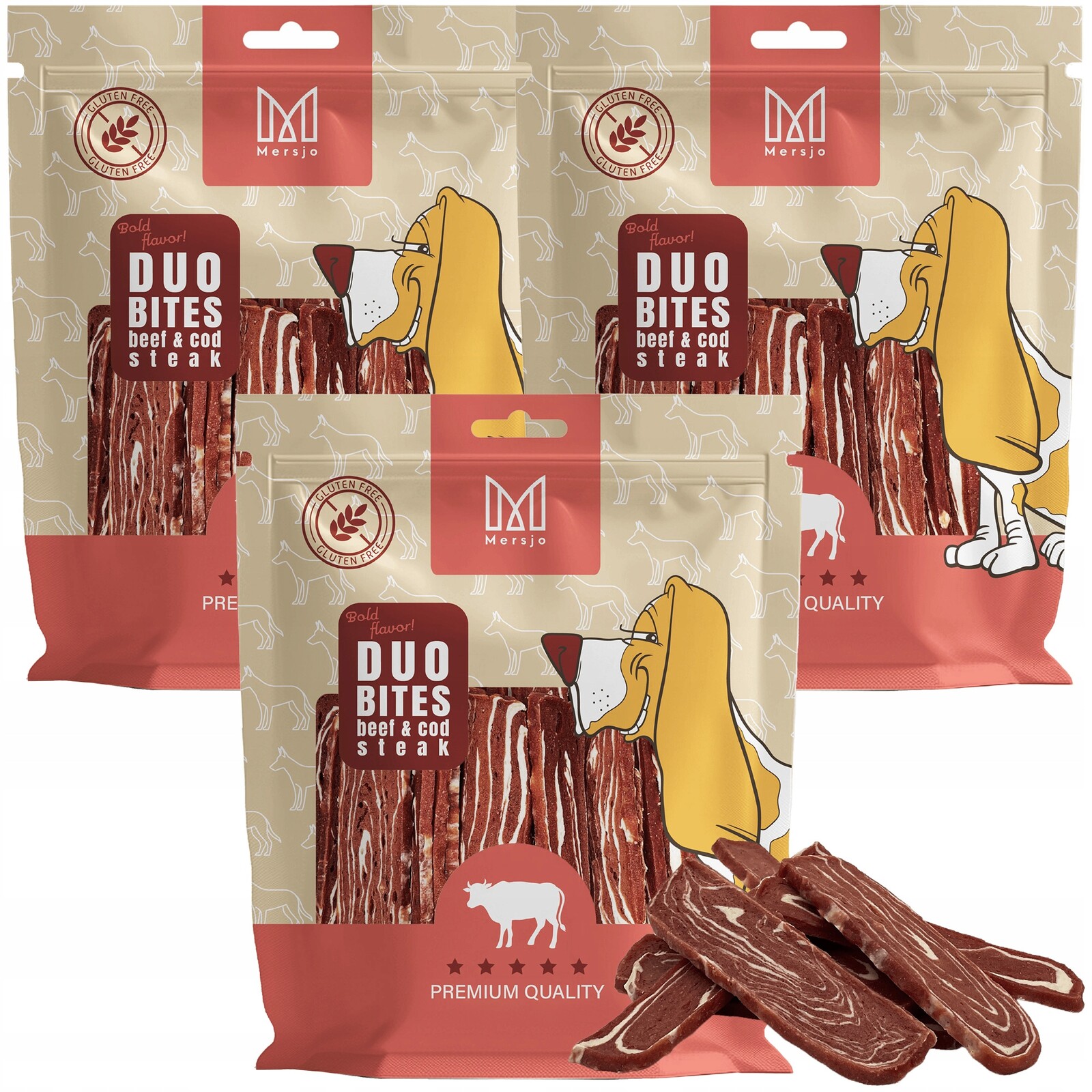 3x Psí pamlsek Duo příchutí Hovězí steak s treskou Mersjo 900 g (3x300 g)