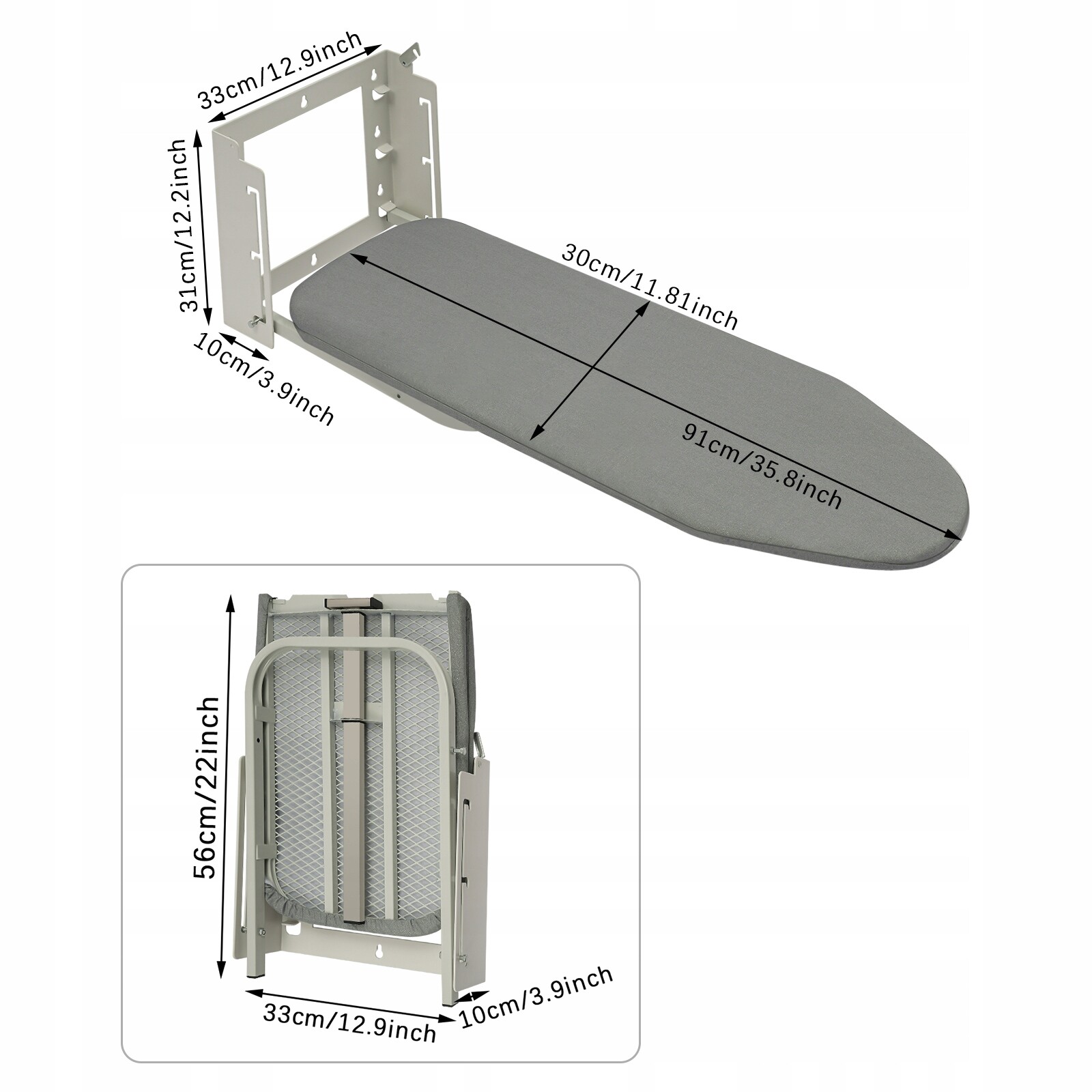 Skládací žehlicí prkno Montovaná na stěnu 91 x 30 cm, nosnost 15 kg