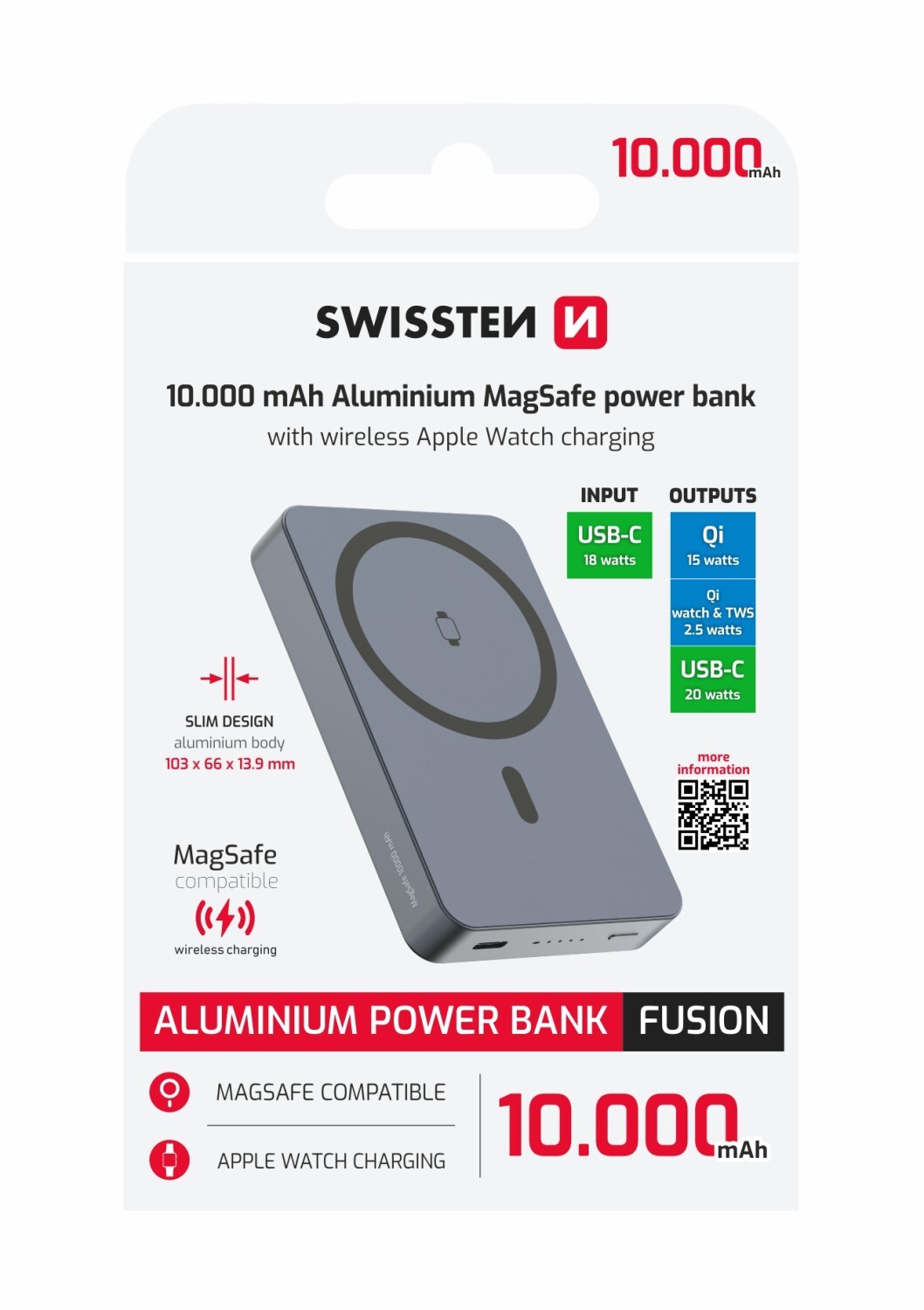 SWISSTEN POWER BANK FUSION 10000 mAh S NABÍJENÍM APPLE WATCH (kompatibilní s MagSafe) STŘÍBRNÁ