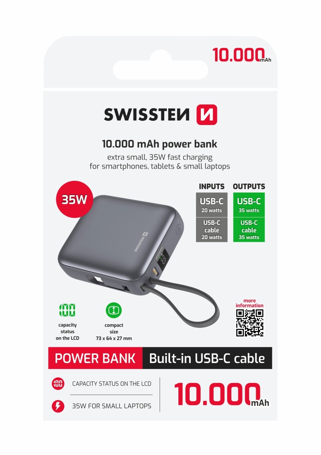 SWISSTEN POWER BANK SPACE 10000 mAh, 35W S INTEGROVANÝM KABELEM USB-C STŘÍBRNÁ