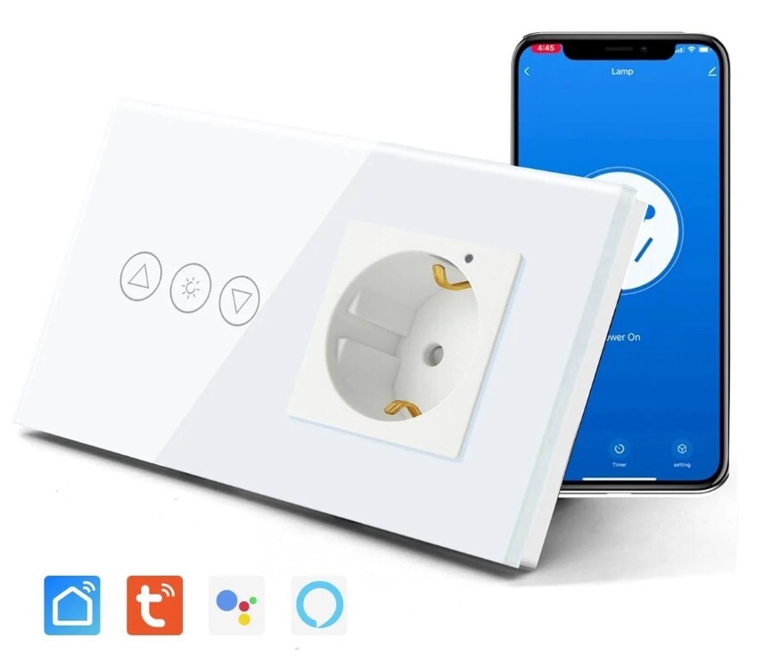 Chytrý stmívač se standartní zásuvkou, tvrzené sklo, dotykový, bílý