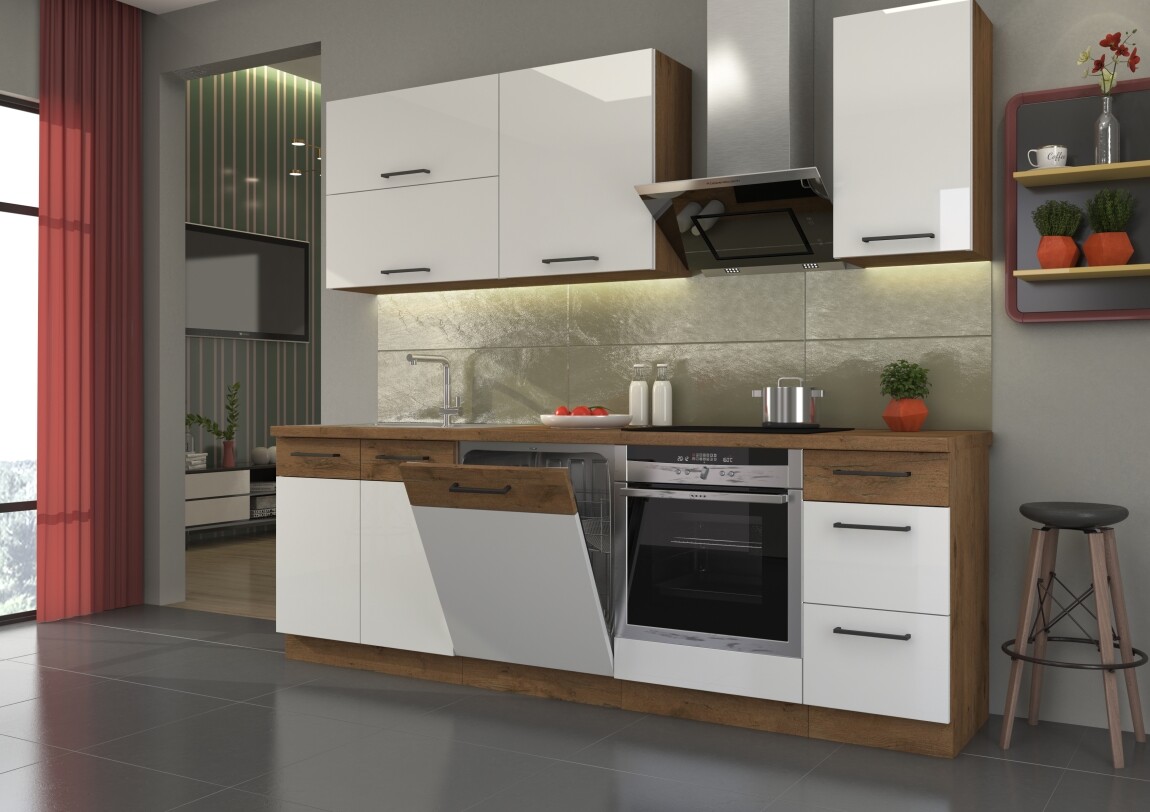 Kuchyně ZEATA 180/240 cm, korpus: dub lancelot, dvířka: bílý lesk/dub lancelot