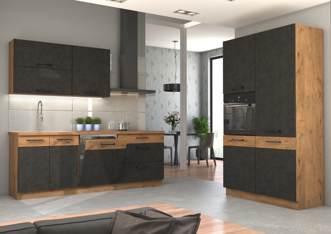 Kuchyně ZEATA 220 + 120 cm, korpus: dub lancelot, dvířka: matera/dub lancelot