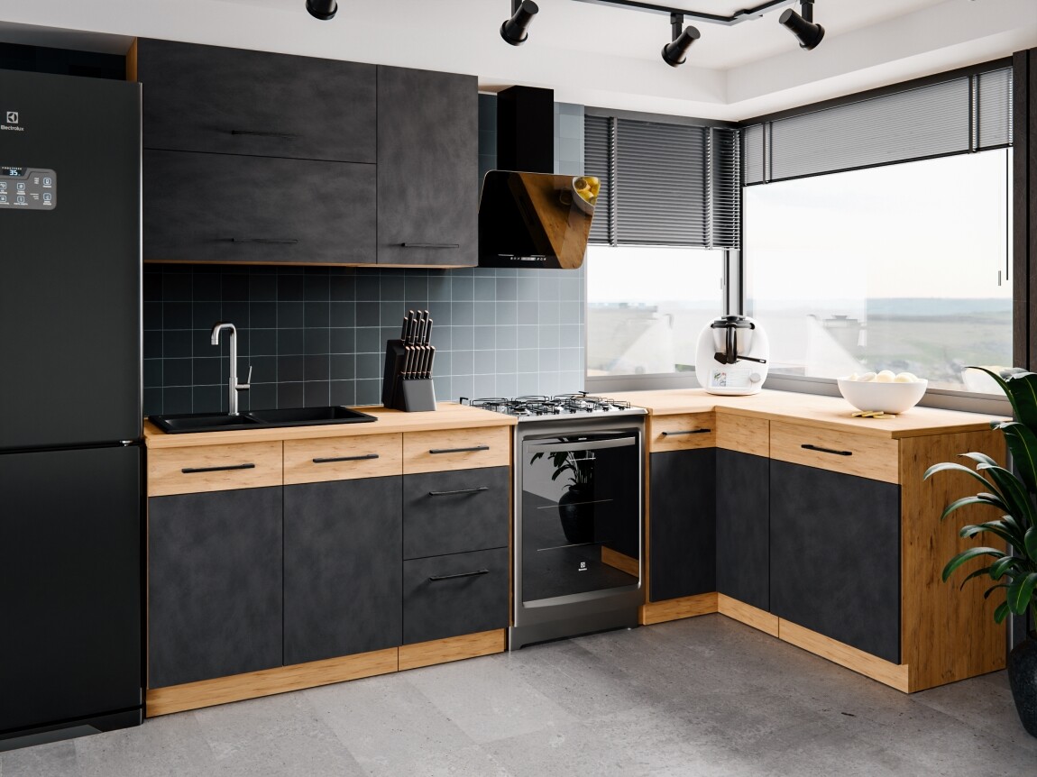 Rohová kuchyně ZEATA 210 x 150 cm, korpus: dub lancelot, dvířka: matera/dub lancelot