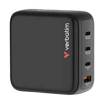 Verbatim, Miniaturní nabíječka GaN s displejem 3 x USB-C / 1 x USB-A, černá, 140 W, Vyměnitelné EU, UK, a americké zástrčky