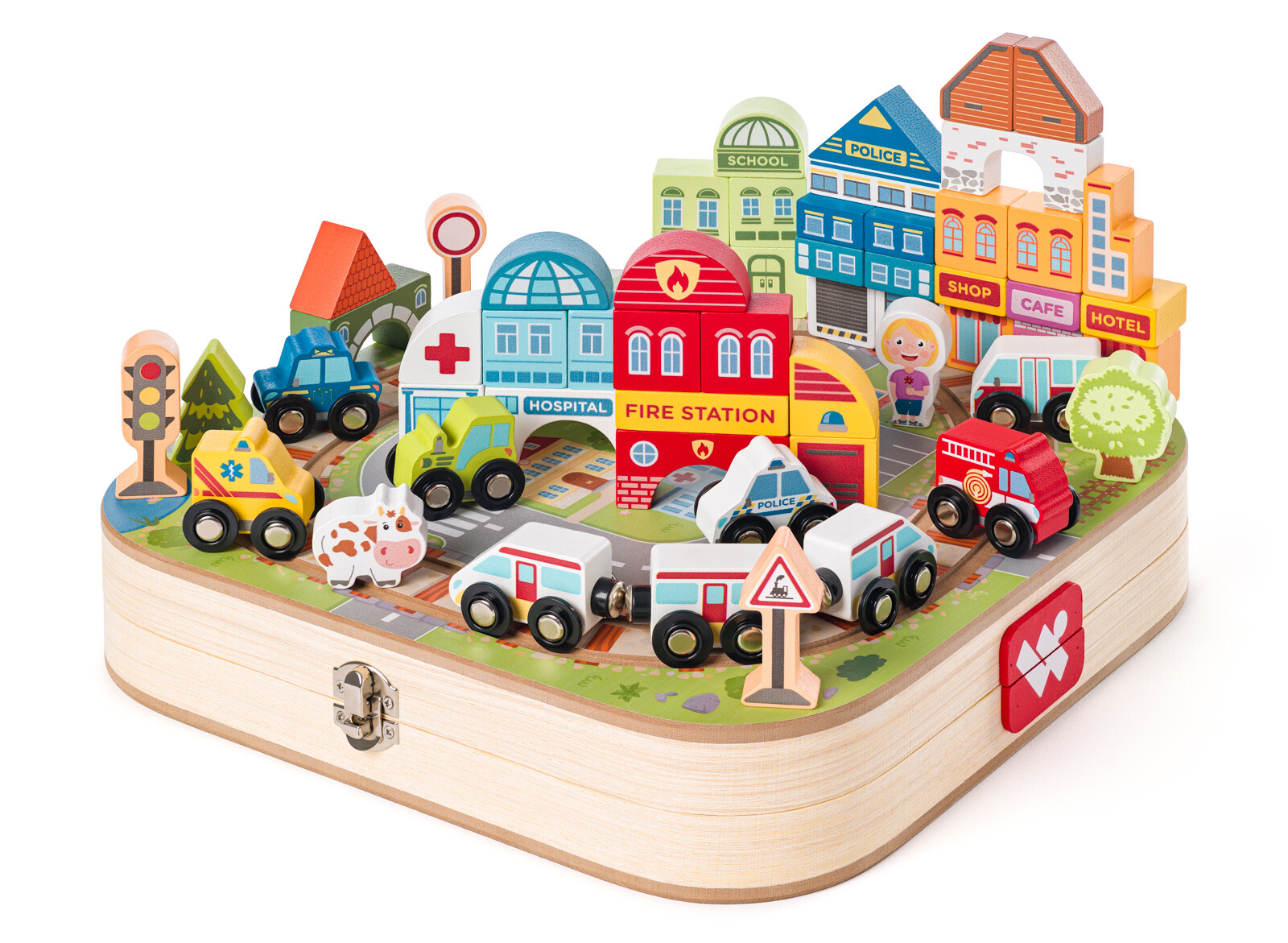 Kufřík s městem a vláčkodráhou