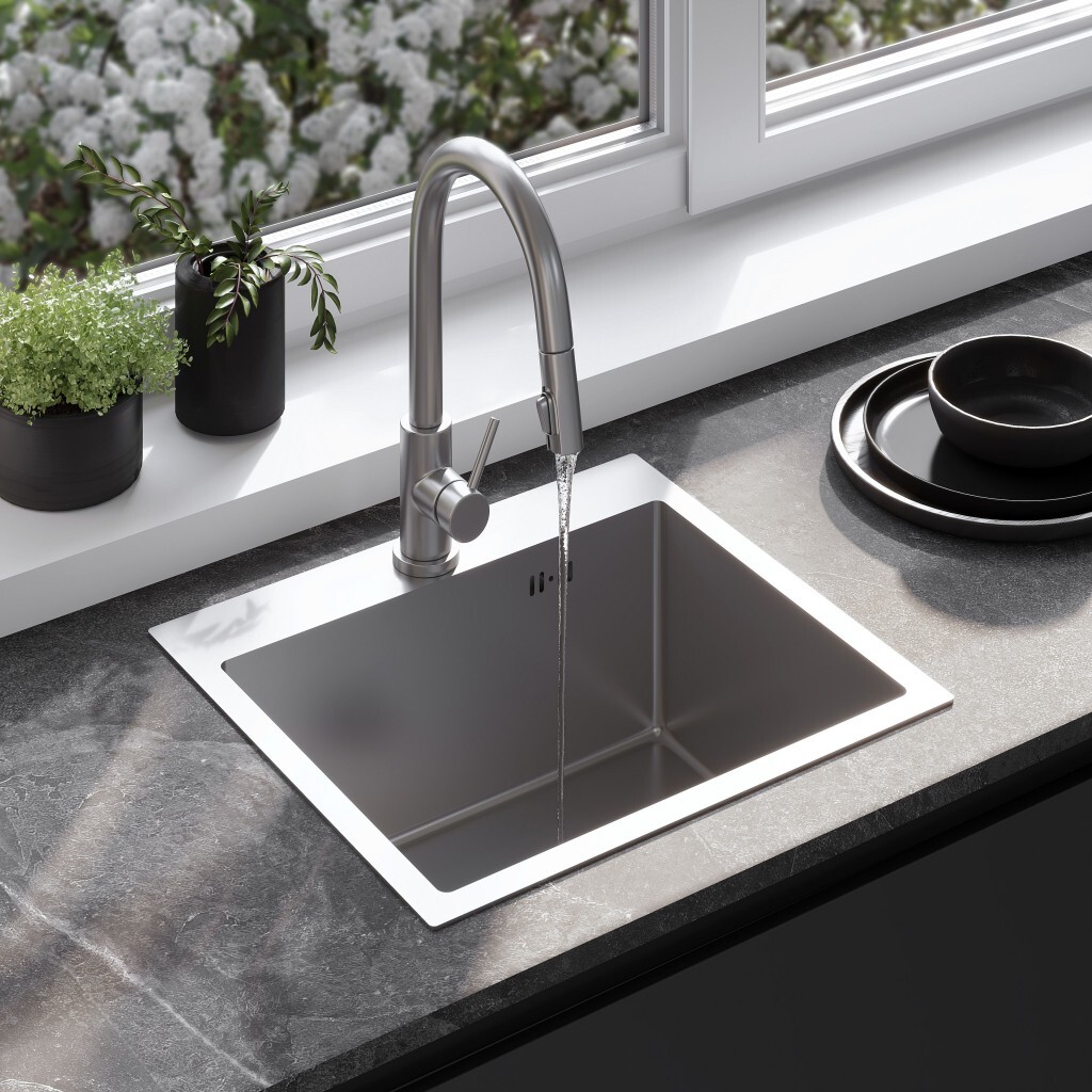 REA Ocelový dřez Leo 50 BRUSH NICKEL s kuchyňskou baterií KPL-96003