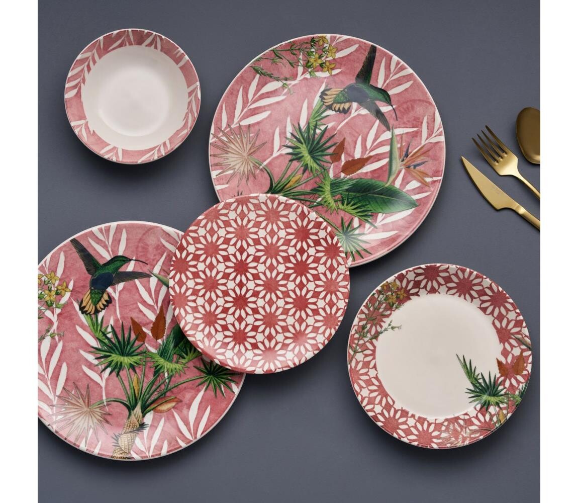 Jídelní sada 24 ks červená/zelená/bílá/keramika 492PST1110