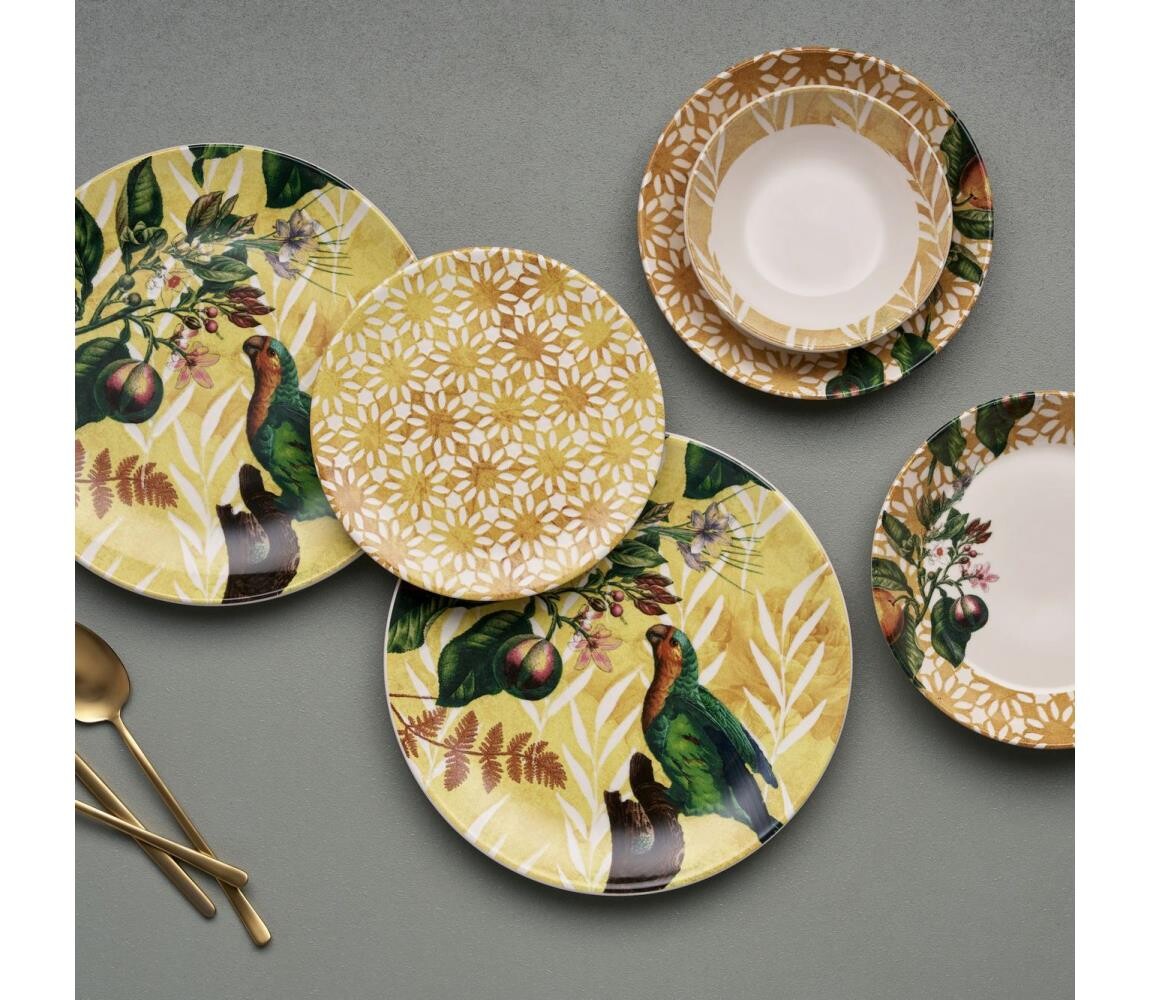Jídelní sada 24 ks žlutá/zelená/bílá/keramika 492PST1115