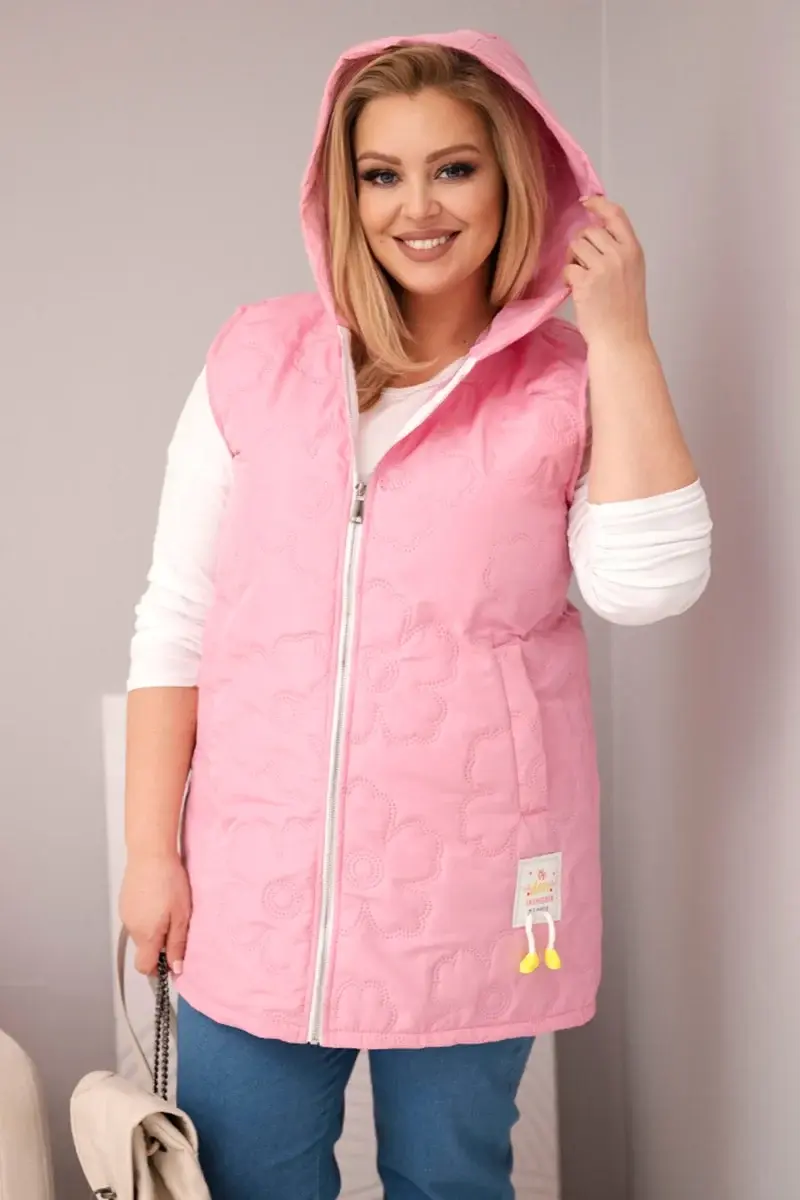Dámská plus size vesta s kapucí a květinovým prošíváním