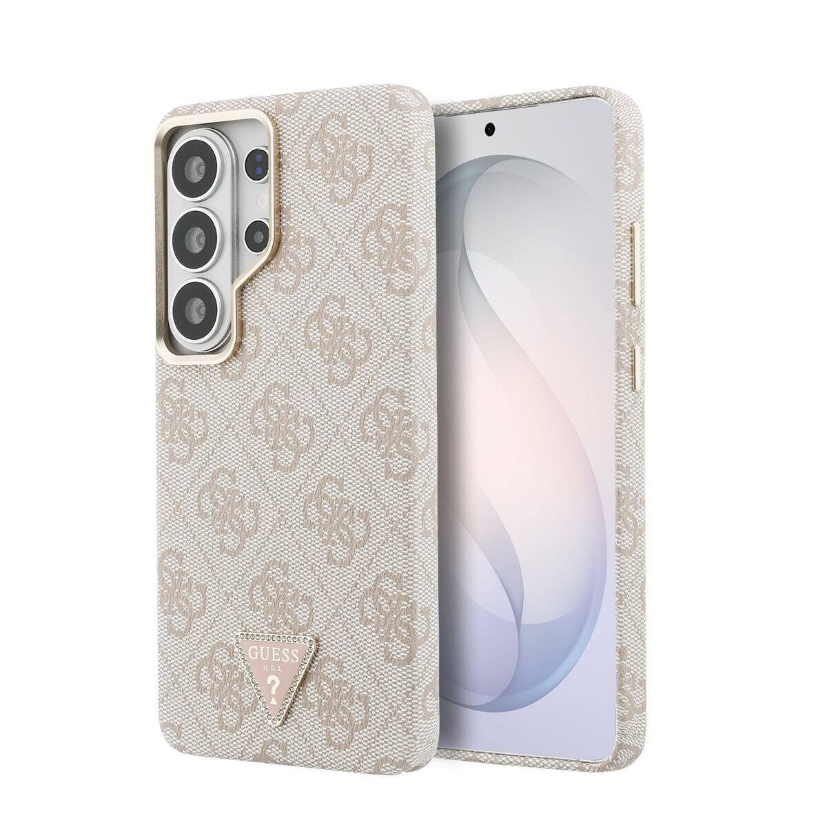 Guess PU Leather 4G Strass Triangle Logo Gold Frame Magnetic Zadní Kryt pro Samsung Galaxy S26 Ultra GUHMS26LP4GTDGMP