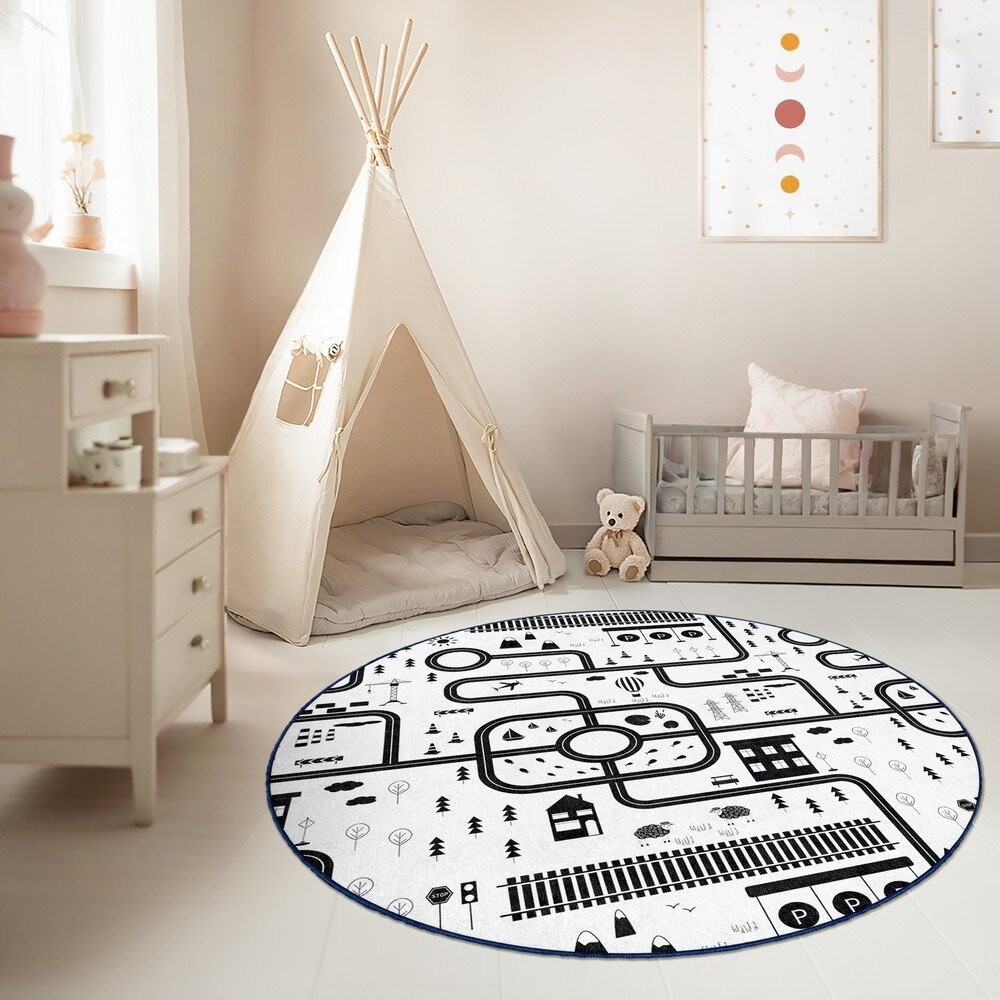 Černobílý pratelný dětský hrací koberec ø150 cm In My Town – Mila Home