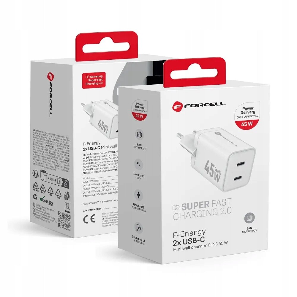 Síťová nabíječka pro telefon Forcell F-Energy Mini GaN III 2 x Usb C Pd Q