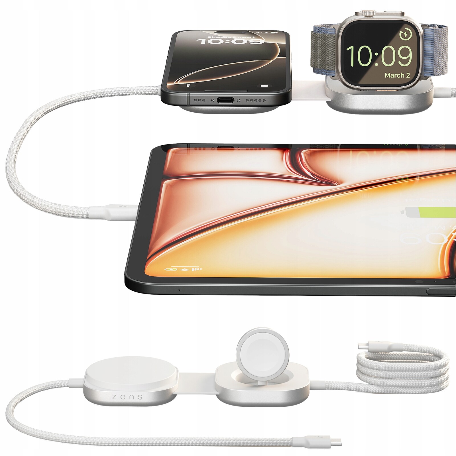 Zens Cable Usb C-C Pro 3 Magnetický kabel Usb-c Qi2 15W pro 3 zařízení