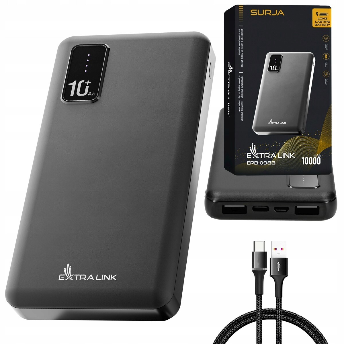Extralink EPB-098B 10000mAh Černý Powerbanka Power bank, Usb-c
