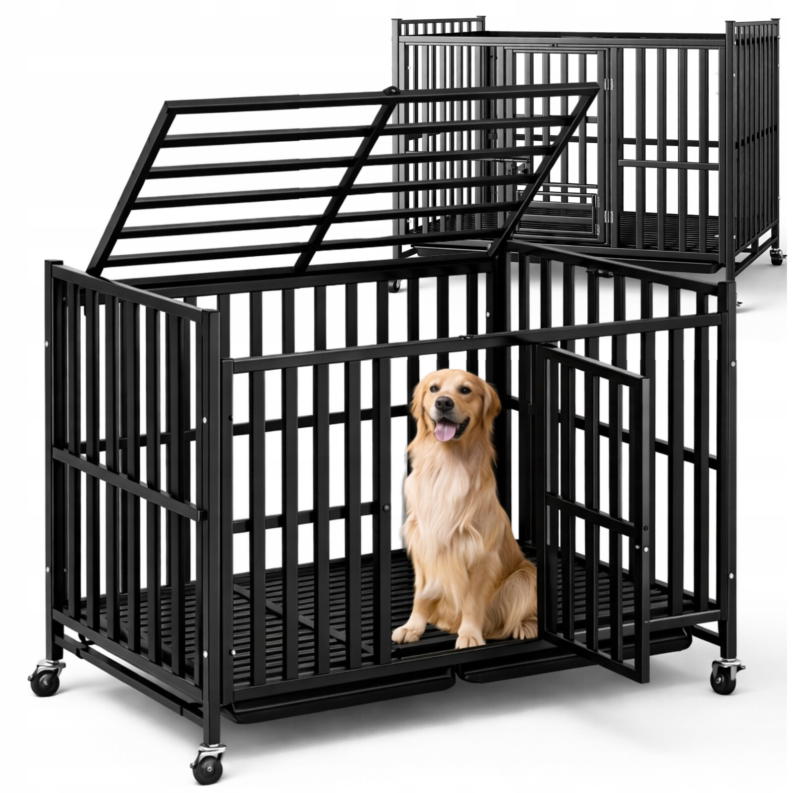 Pevná Klec pro psa kočku Kotec Přepravka na Kolečkách 78x54x70 cm Černá