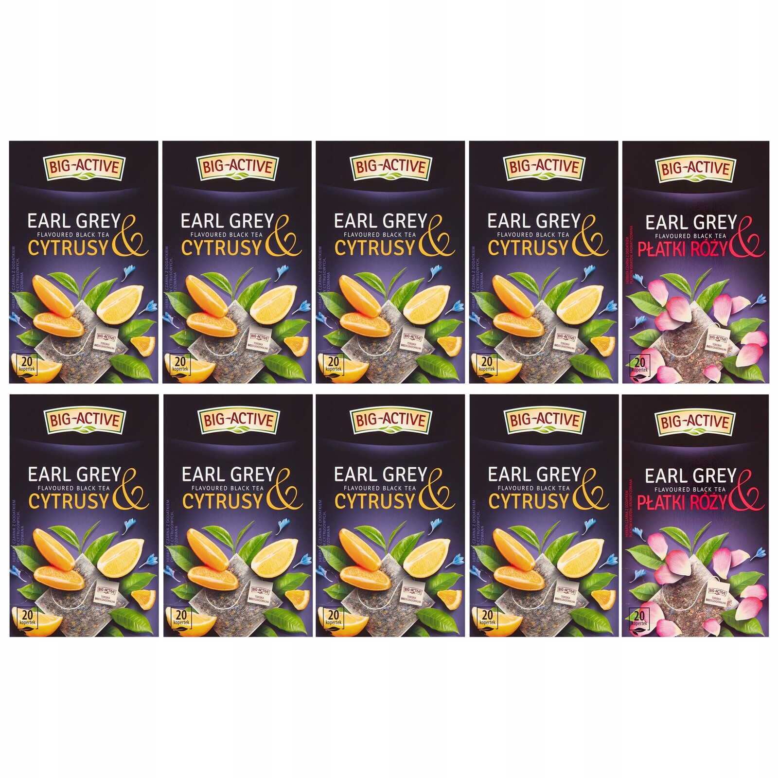 Sada 10 černých čajů Earl Grey Big Active s přísadami nálepka