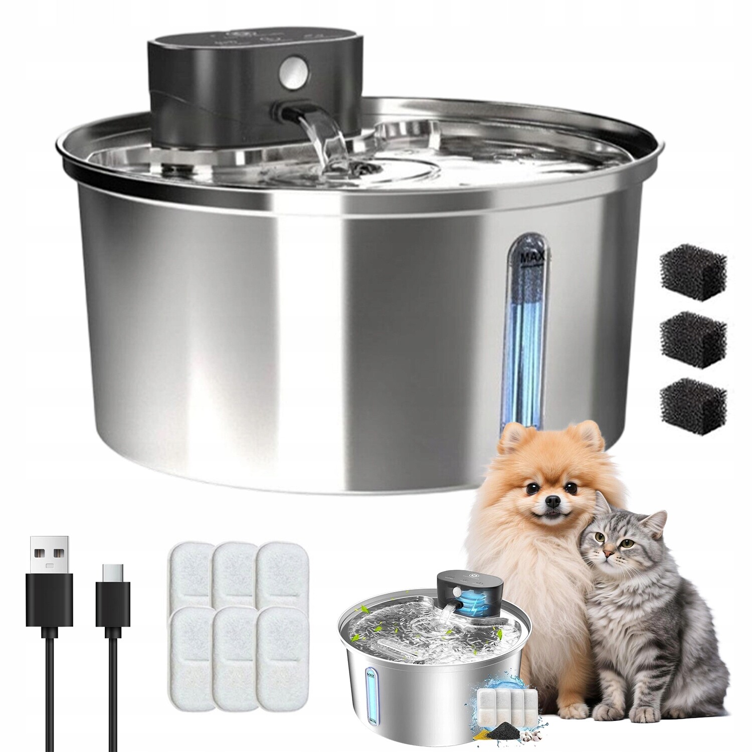 3200 ml akumulátorová fontána pro zvířata z z nerezové oceli