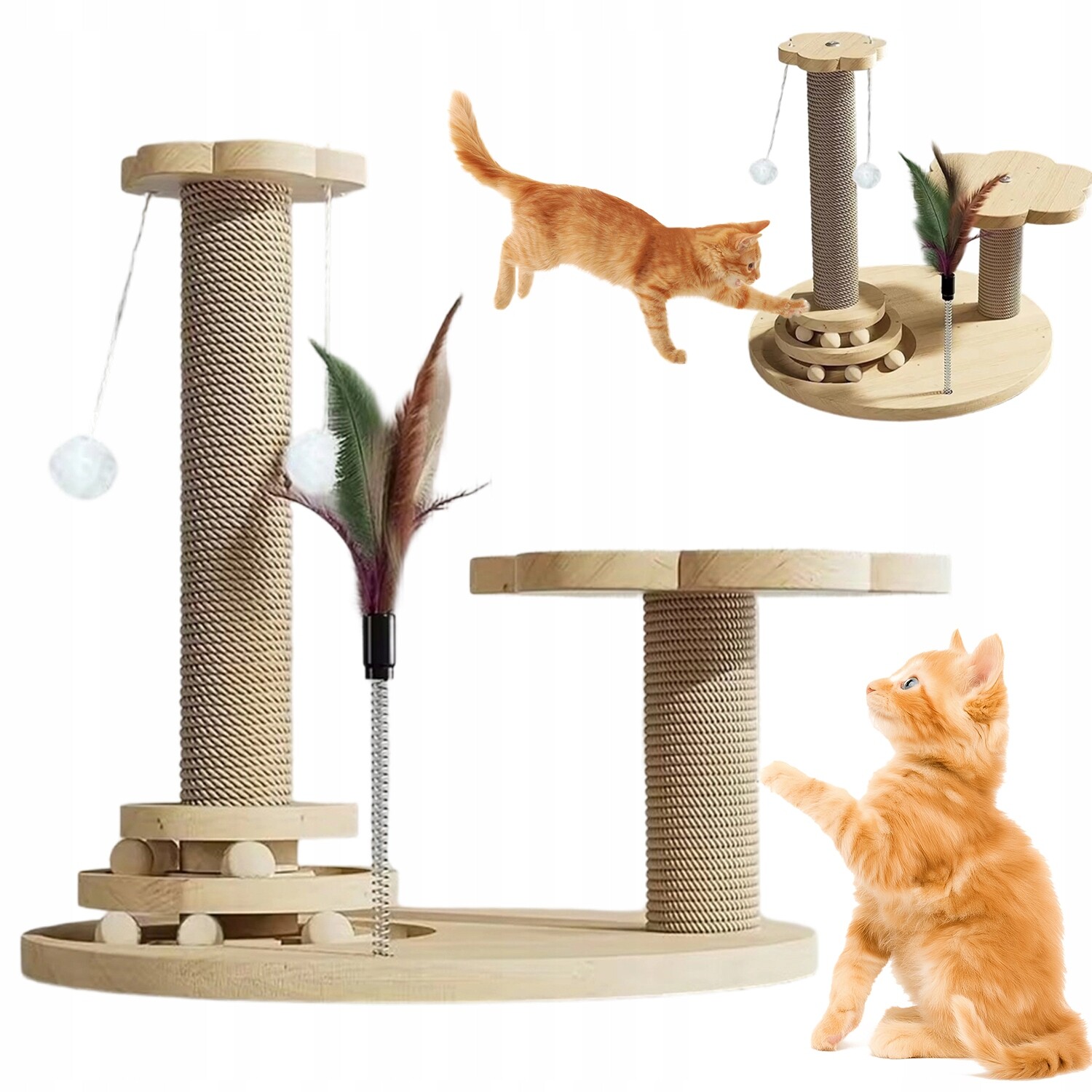 Stromek Pro Kočky Se Dvěma Sisalovými Sloupky Hračka S Peříčky A Kuličkami