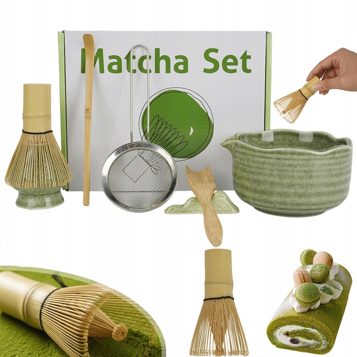 Sada pro matcha 7 kusů keramická s cedníkem a 2 lžícemi zelená