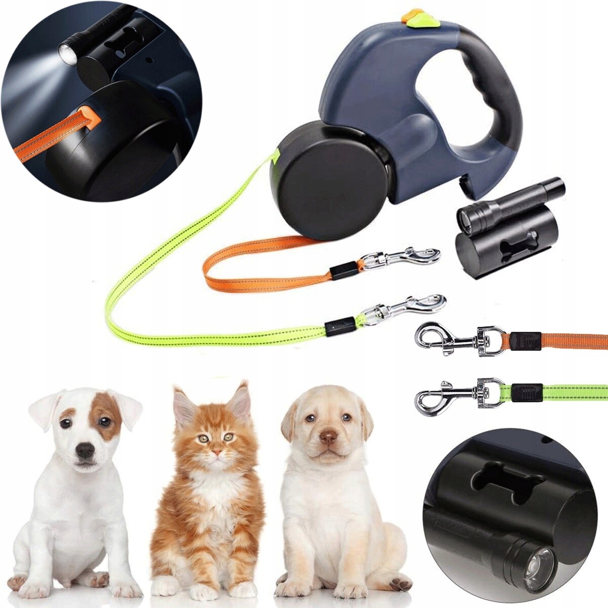 Pro 2 psy vodítko s vestavěnou 360° Led svítilnou a zásobníkem na sáčky, černá