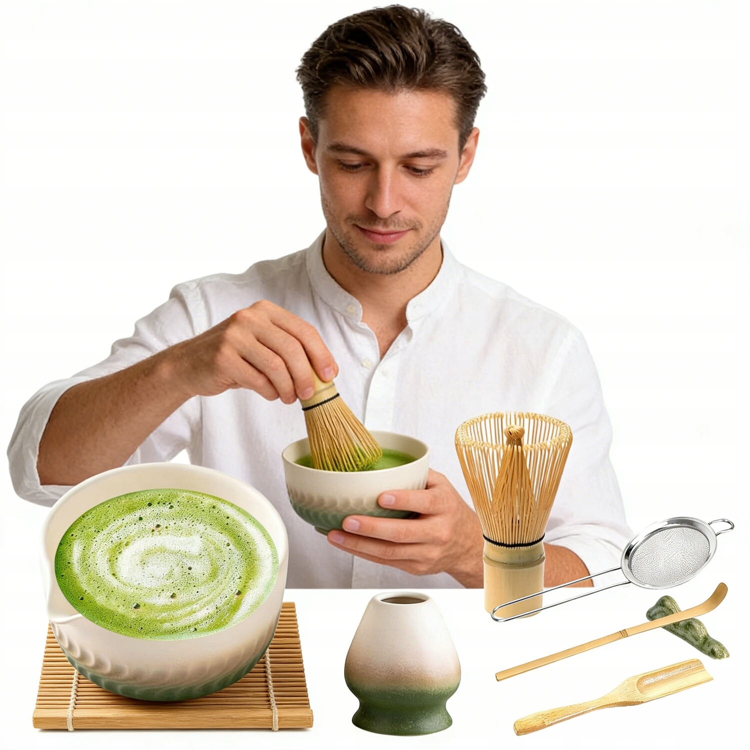 Sada Na Matchu Japonský Styl S Šálek Metlou Podstavec Lžička 7KS