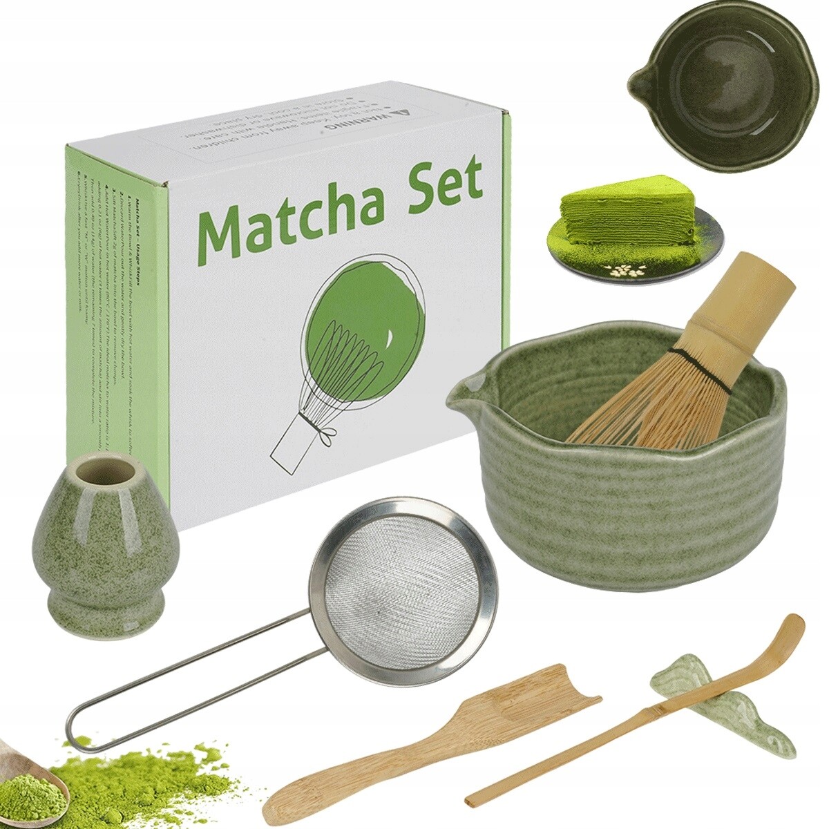 7 dílů Sada na matcha keramická s bambusovou šlehací metlou zelená